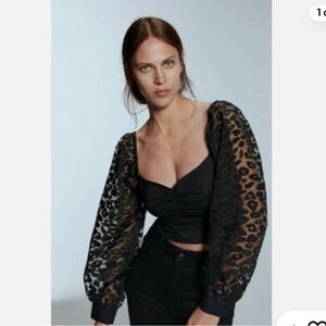 Zara Black Leopard Organza Sleeve Crop Top